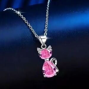 Silver Cat Necklace PINK Stones Crystal Ears Women Teens Cats